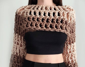 Oversized hand knit chunky shrug in brown and beige crochet handmade wool blend bolero, women's knitwear, mesh winter layer thick crop top