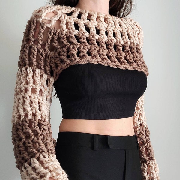 Oversized hand knit chunky shrug in brown and beige crochet handmade wool blend bolero, women's knitwear, mesh winter layer thick crop top