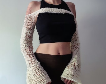 Hand knitted white chunky irregular unique shrug, off shoulder bolero, knit long sleeves