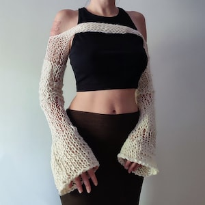 Hand knitted white chunky irregular unique shrug, off shoulder bolero, knit long sleeves