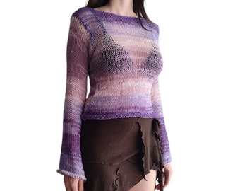 Handmade mohair blend open knit sweater in gradient purple, pullover women's y2k see through blouse