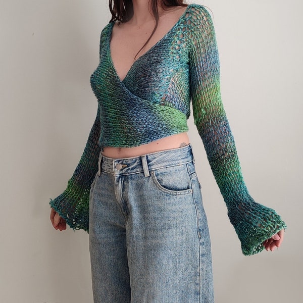 Hand knitted deep v wrap crop top, women's see through shrug, blue green bolero, shoulder cover up bell/flare sleeves