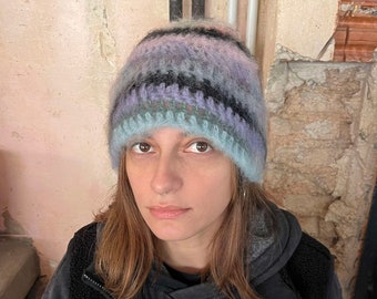 Handmade mohair knit striped beanie, fluffy, lightweight, winter skull hat in blue and pink shades