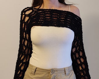 Hand knit shrug in black, crochet handmade bolero, bell/ flare sleeves, women's knitwear, mesh winter net crop top