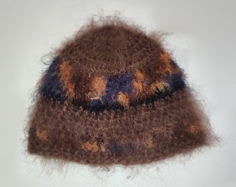 Handmade mohair brown beanie, thick, brushed, fluffy unisex brown beanie with stripes