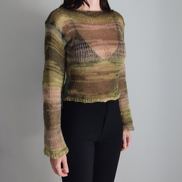 Haut court en tricot de mohair mélangé dégradé vert fait main, chemisier transparent ombré, pull printemps en maille ajourée pour femmes