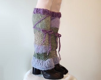 Hand knitted mohair alpaca and silk leg warmers, stretchy soft luxury striped leg warmers in lavender, purple and sage green