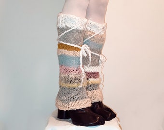 Hand knitted one of a kind pastel colorful striped leg warmers, wool, mohair, pink and white arm warmers with straps