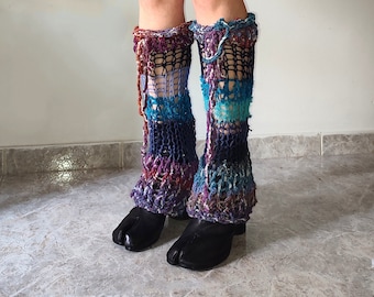 Hand knitted fishnet wool leg warmers, open knit, weird blue purple unique knit winter accessory, textured knit boot covers