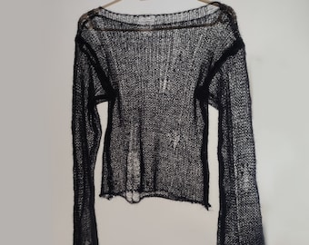 Handmade knit distressed mohair sweater, sheer thin luxury extra long sleeve top, see through mesh delicate