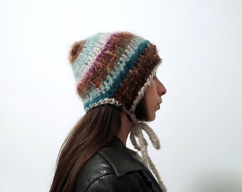 Handmade crochet mohair bonnet, fluffy soft knit winter accessory