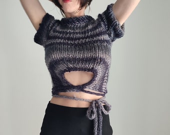 Hand knit raglan cropped top, wool blend super soft woman's blouse with keyhole cutout and extra long straps