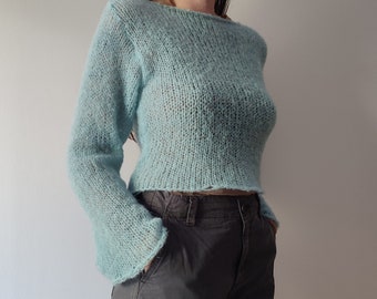 Handmade knit crop brushed alpaca silk blend sweater in light turquoise, women's sheer soft jumper with bell sleeves