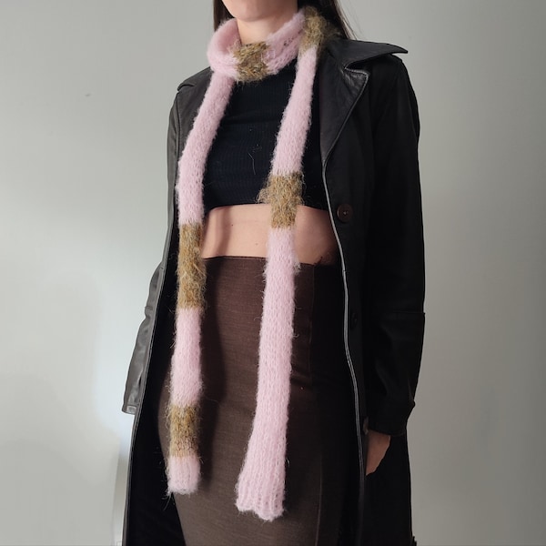 Handmade knit mohair skinny scarf in pastel pink and woody beige, long thin roll scarf, premium mohair alpaca and silk long tube scarf