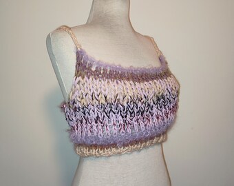 Hand knitted one of a kind bralette size Large, soft striped pastel peach pink colour knit crop top