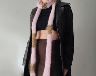 Handmade knit mohair skinny scarf in pastel pink and woody beige, long thin roll scarf, premium mohair alpaca and silk long tube scarf