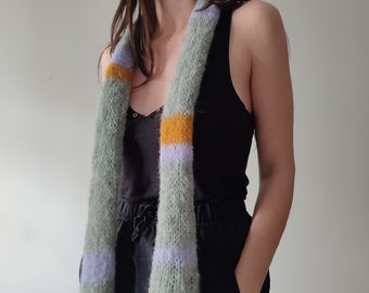 Handmade knit mohair alpaca silk skinny scarf, super soft thin sage green scarf with lavender and curry orange stripes