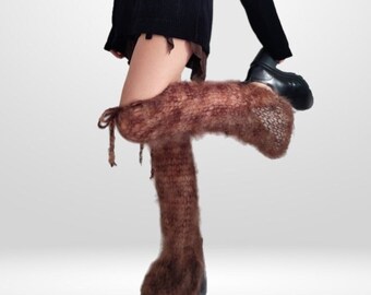 Hand knitted mohair leg warmers, brown fuzzy soft warm sheer leg warmers