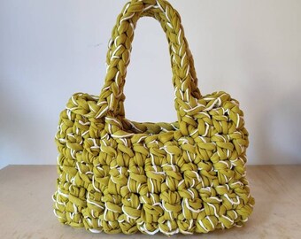 Knit chunky bag, crochet shoulder purse, women's fall fashion accessory, green Street wear trendy bag, recycled cotton, eco bag