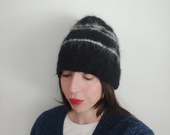 Handmade mohair beanie, fluffy and fuzzy winter unisex striped hat in black and white