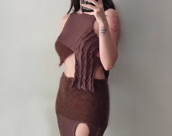 Handmade knit two piece set, cotton and mohair unique textured distressed summer long skirt and crop top