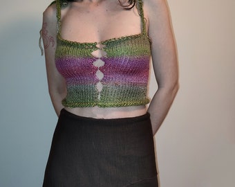 Unique handmade knit crop top, green and pink gradient cut out cami top