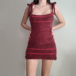 Handmade knit mohair dress, burgundy deep red fluffy and fuzzy mini semi sheer petite size dress, zdjęcie 3