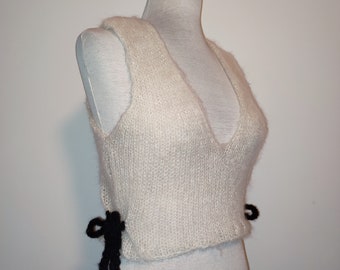 Handmade mohair off white knit top, deep plunge neckline, sleeveless, romantic blouse with bows