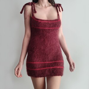 Handmade knit mohair dress, burgundy deep red fluffy and fuzzy mini semi sheer petite size dress, zdjęcie 1