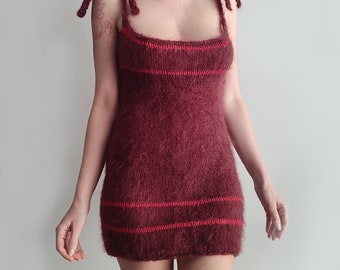 Handmade knit mohair dress, burgundy deep red fluffy and fuzzy mini semi sheer petite size dress,