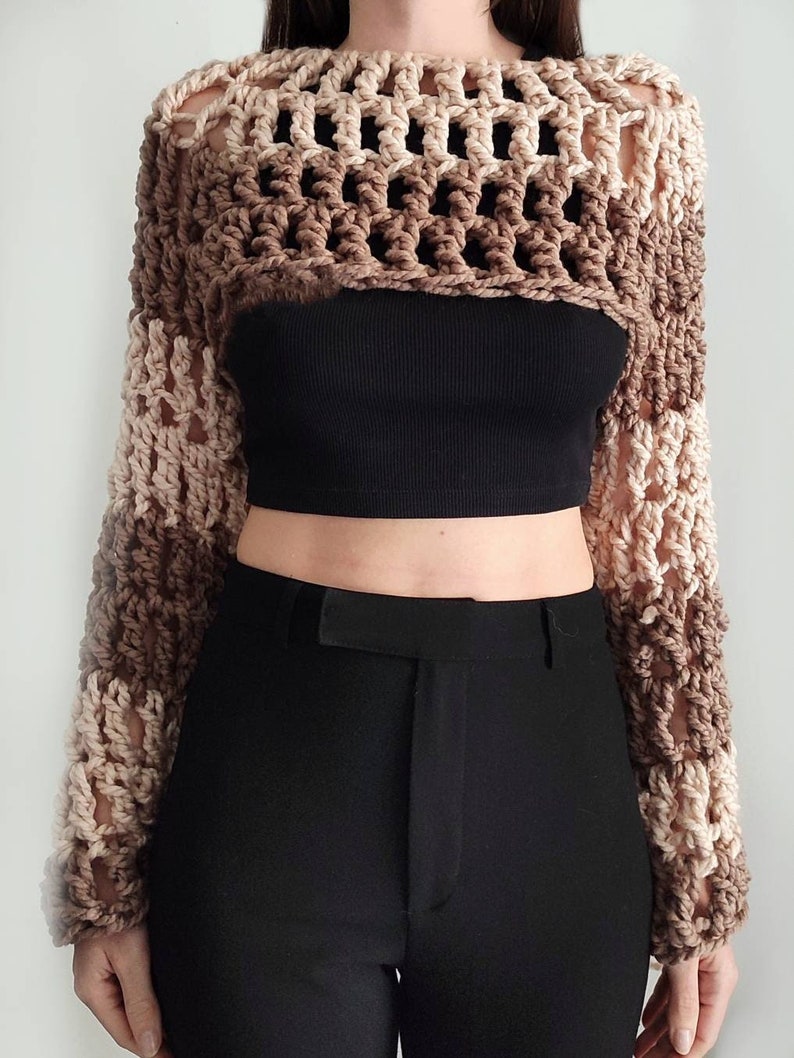 Oversized hand knit chunky shrug in brown and beige crochet handmade wool blend bolero, women's knitwear, mesh winter layer thick crop top image 2