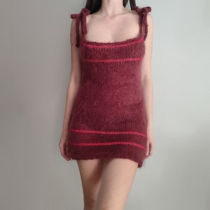 Handmade knit mohair dress, burgundy deep red fluffy and fuzzy mini semi sheer petite size dress, zdjęcie 2