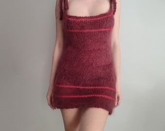 Handmade knit mohair dress, burgundy deep red fluffy and fuzzy mini semi sheer dress