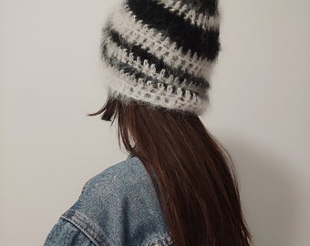 Handmade crochet open knit mohair bucket hat, knit striped black and white oversized beanie, unisex fluffy and fuzzy winter hat