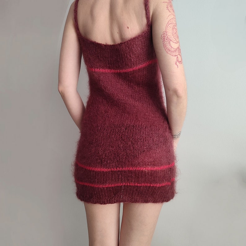 Handmade knit mohair dress, burgundy deep red fluffy and fuzzy mini semi sheer petite size dress, zdjęcie 4
