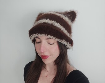 Handmade knit mohair brown and beige striped square beanie, cat hat unisex warm winter accessory size M-L