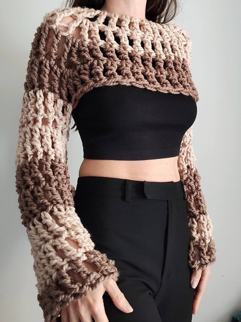 Oversized hand knit chunky shrug in brown and beige crochet handmade wool blend bolero, women's knitwear, mesh winter layer thick crop top image 1