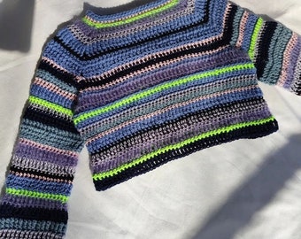 Handmade crochet blue wool cropped sweater, striped unique colorful petite size jumper