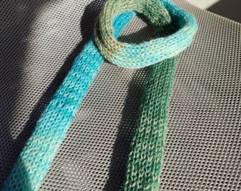 Hand knit mohair super skinny scarf, long thin roll scarf, mohair wool blend blue green colorful tube scarf