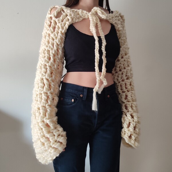 Hand knit shrug, chunky crochet handmade wool bow  tie bolero, bell/ flare extra long sleeves, women's knitwear, mesh winter crop top