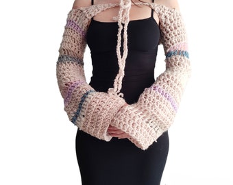 Handmade crochet wool shrug, off white knit bolero with pastel stripes