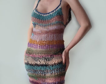 Hand knit maxi dress, see through, colourful, stretchy, striped beach slip dress, rainbow weird handmade long cami dress
