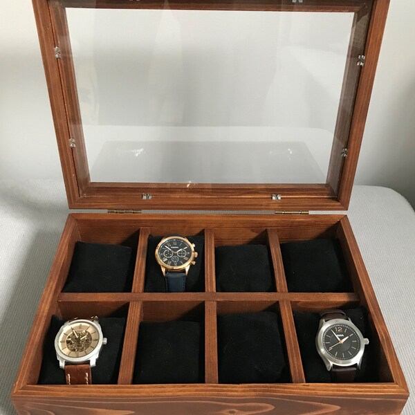 Tennessee - 8 watch organizer,  8 ties, watches and ties, watch box, storage, dresser organizer - Walnut stain with black corners