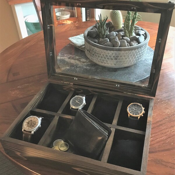Cape Breton - 6 watch, ties, keys, wallet, change, watch box, storage, dresser organizer with Espresso stain and black corners