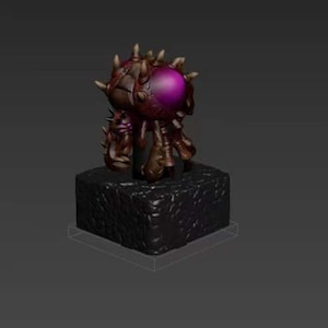 Puede incluir: Una peque&ntilde;a escultura impresa en 3D detallada de una criatura con un gran ojo morado y muchas ap&eacute;ndices espinosas. La criatura est&aacute; de pie sobre una base negra texturizada.
