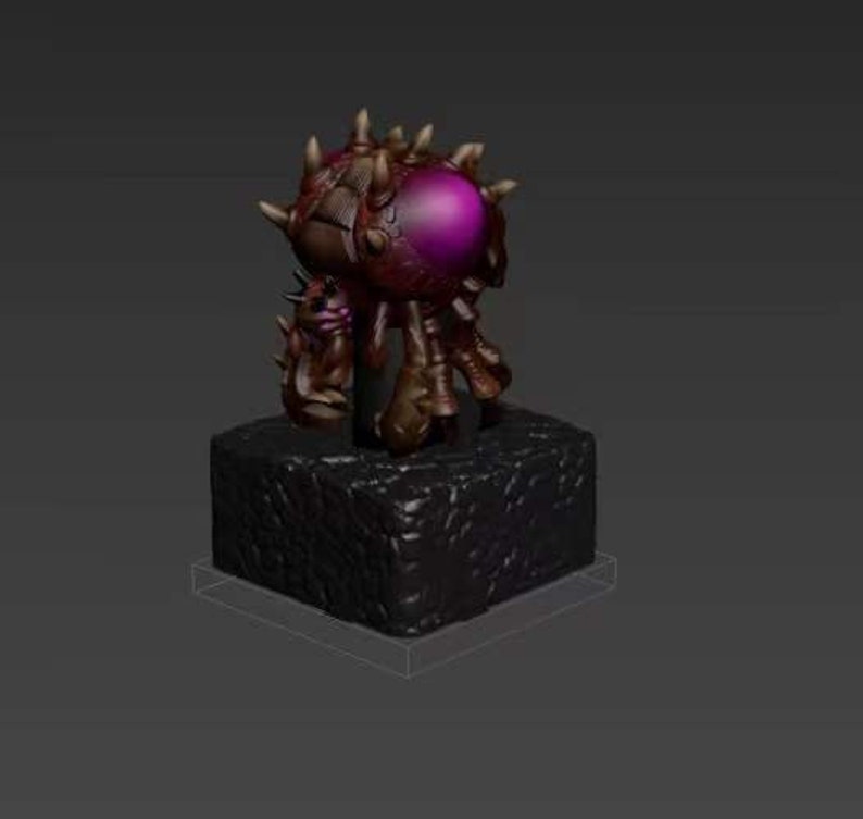 Puede incluir: Una peque&ntilde;a escultura impresa en 3D detallada de una criatura con un gran ojo morado y muchas ap&eacute;ndices espinosas. La criatura est&aacute; de pie sobre una base negra texturizada.