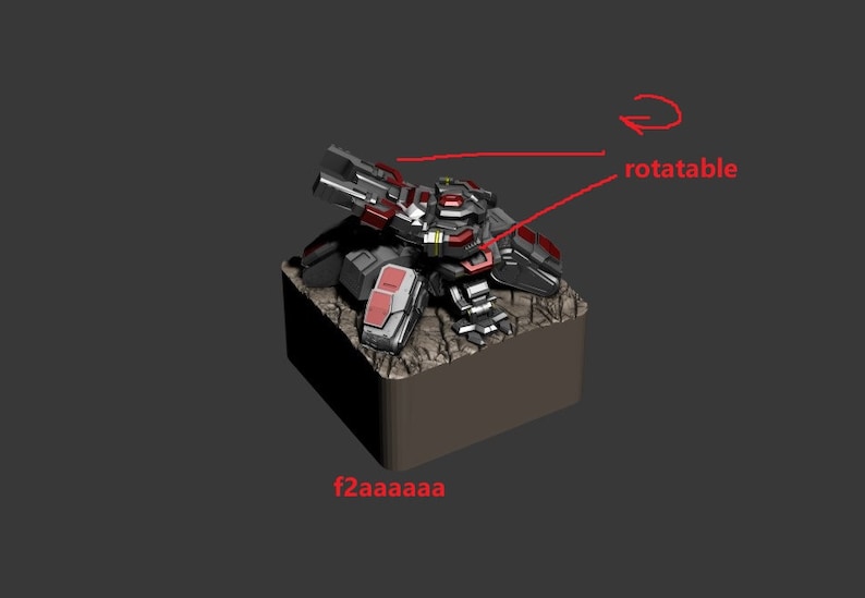 May include: A black and red detailed robot model with a rotating turret. The robot is standing on a brown base.