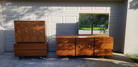 American Of Martinsville Furniture Dresser Bedroom Set Tallboy Lowboy Cradenza Chest Mid Century Modern