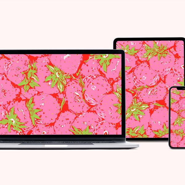 Spring Strawberries Digital Wallpaper Download- Colourful, Chic Design Perfect For Phones, Tablets and Desktops
