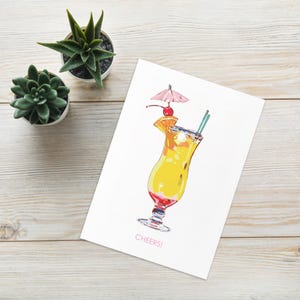 Tarjeta de felicitación en blanco con sobre de cóctel Mai Tai / Ilustración de lujo, bebida de verano, estética colorida y alegre para las vacaciones / Varios tamaños